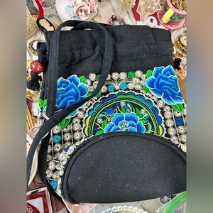 Embroidered Black and Blue Floral Women's Bag